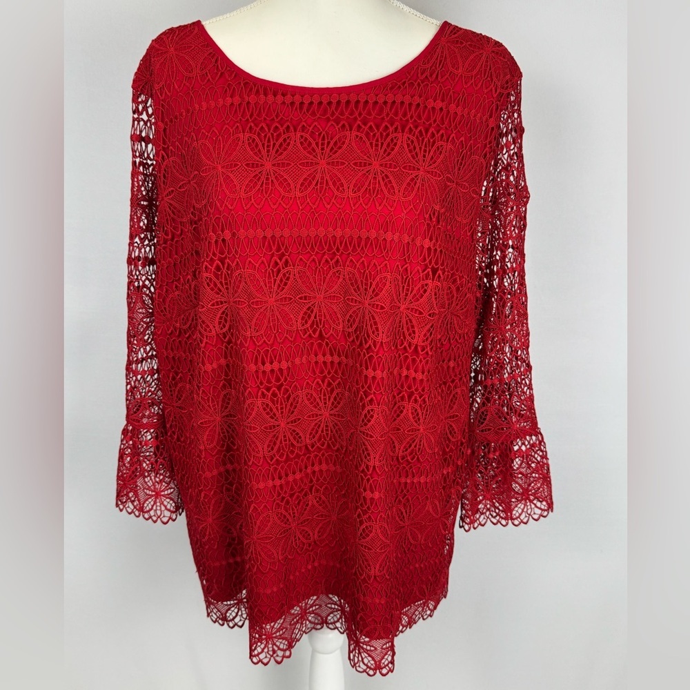 Talbots Embroidered Red Lace Blouse Bell Sleeves Size 2X Party Formal Romantic - Picture 4 of 14